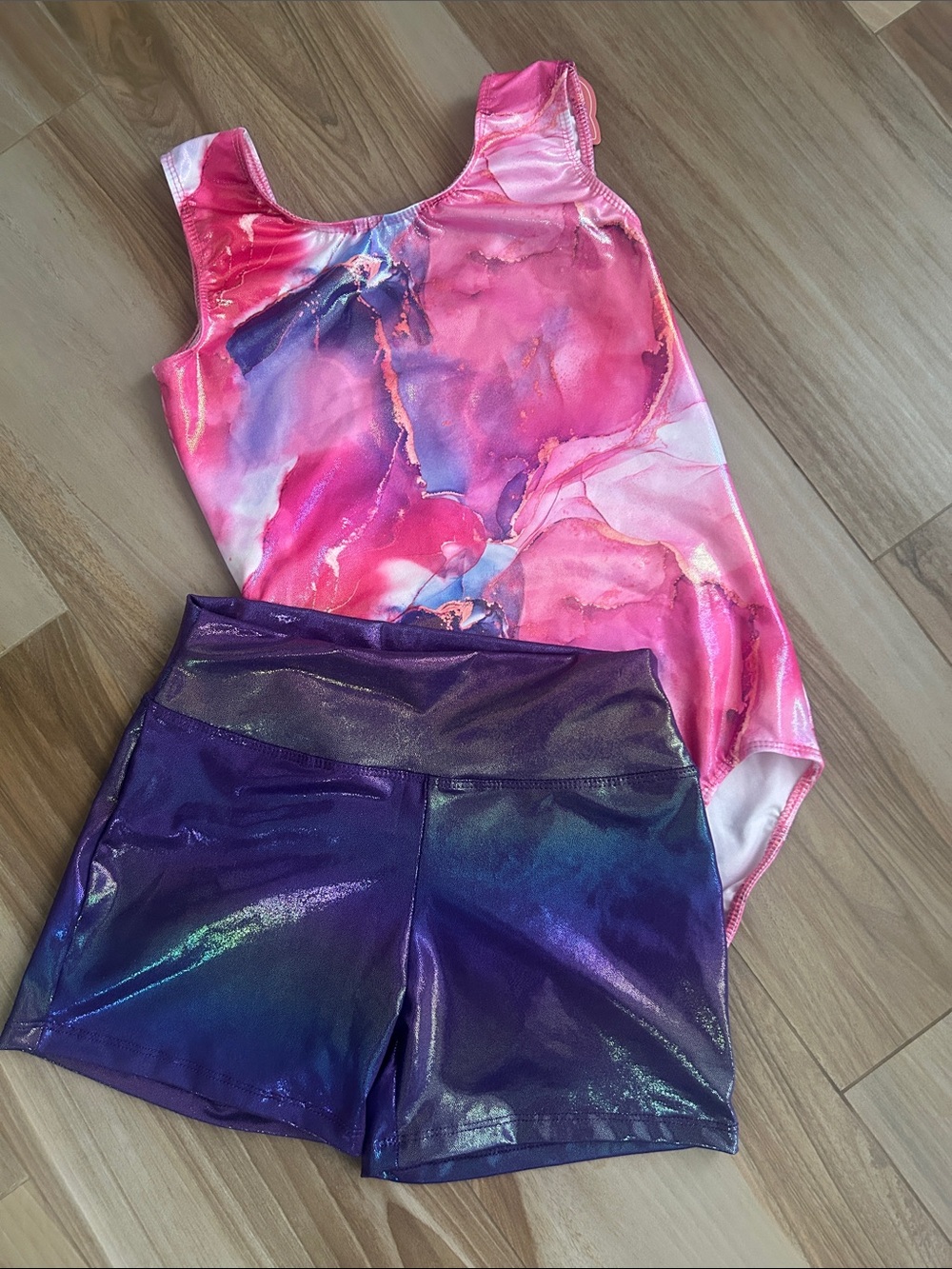 Pink Marble Leotard with Iridescent Purple Spandex Bike Shorts